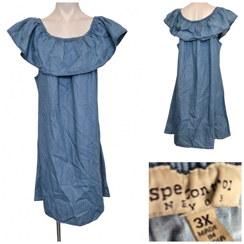 Speed Control New York Blue Cotton Ruffle Off Shoulder Shift Dress Plus Size 3X